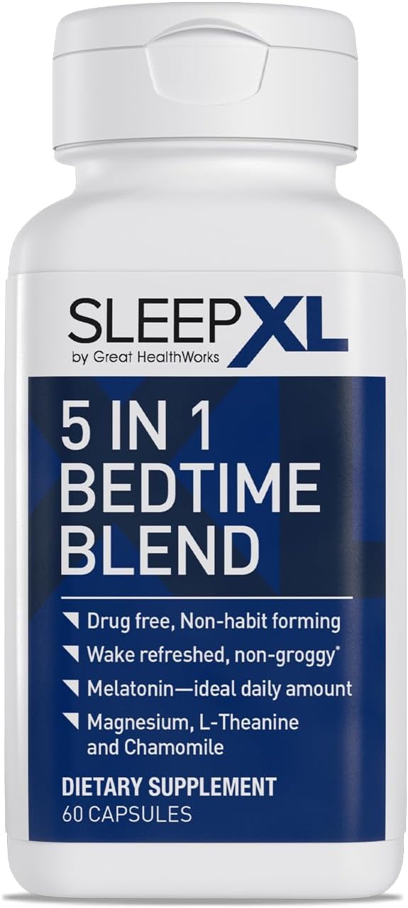 SleepXL Sleep Supplement Non-Habit-Forming Formula - Fall Asleep Faster &amp Sleep Longer - 5 key ingredients include Melatonin L-Theanine Chamomile Magnesium &amp Vitamin B6 (60 Capsules 30 Ser