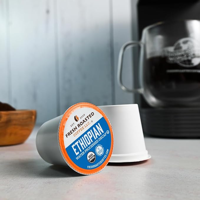 Fresh Roasted Coffee Organic Ethiopian Sidamo Water-Processed Decaf | USDA Organic 100% Single Origin Kosher | Medium Roast 72 Pods for K Cup Brewers