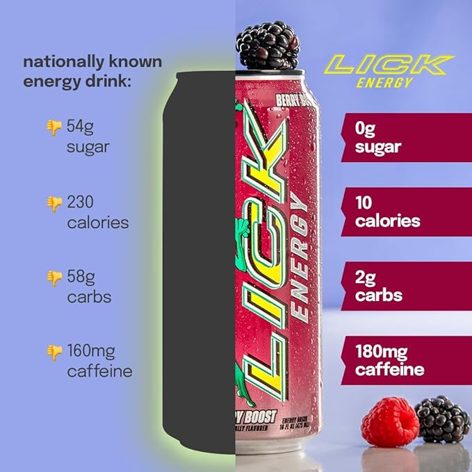 LICK Energy Drink - No Added Sugar No Crash Green Tea Caffeine (180mg) with Antioxidants and Vitamins A B6 B12 and C 16oz (12pk) - Berry Boost