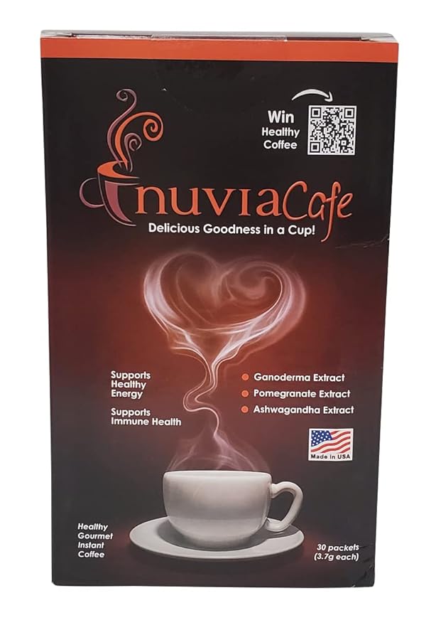 Nuvia Healthy Gourmet Instant Coffee Dairy Free Lactose Free No GMOs No Salt Soy Free Vegan with Organic Ganoderma Pomegranate and African Mango Extracts 30 packets 3.7g each Pack of 1