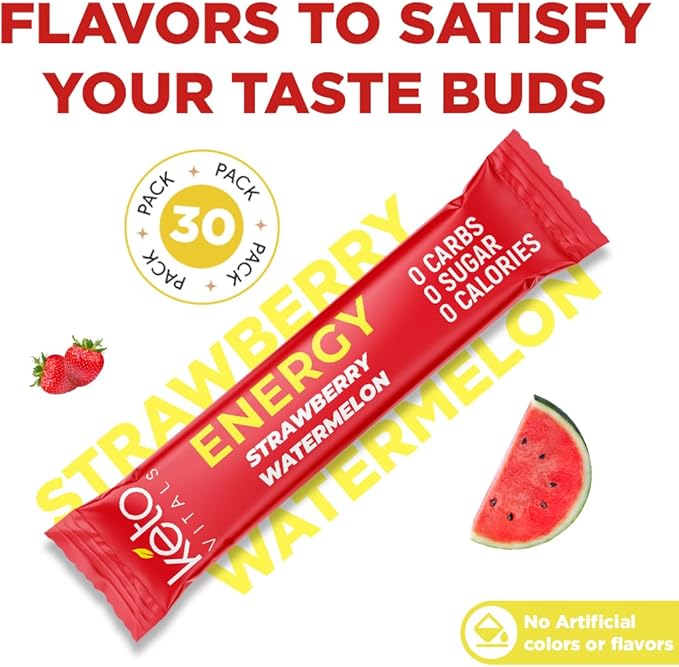 Keto Vitals Electrolyte Energy Drink Powder Packets - Electrolyte Supplement with 100mg Natural Caffeine L Theanine &amp Organic Lion's Mane Extract - Strawberry Watermelon Keto Powder Packets 30 C