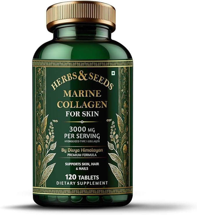 Herbs &amp Seeds Marine Collagen Pills for Women &amp Men 120 Capsules | Type I II III V X - Hydrolyzed Collagen Peptides with Biotin Hyaluronic Acid &amp Vitamin CE Skin Hair Nail &amp J