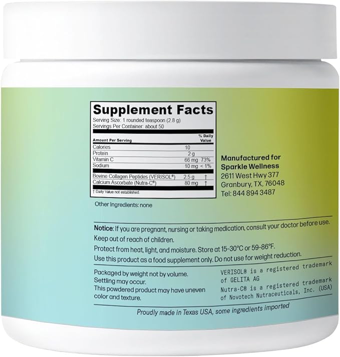 Sparkle Wellness VERISOL Bioactive Hydrolyzed Collagen Peptides | Collagen Powder Supplement with Vitamin C for Skin Hair &amp Nail Health | Skin Boost (No Flavor) [50-Serves]
