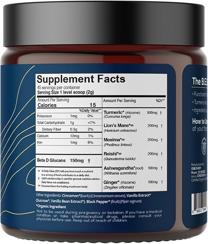Turmeric Latte Powder - USDA Organic &gt5% Curcuminoid Turmeric Lions Mane Ashwagandha Ginger Cinnamon in a Resealable Glass Jar 45 Servings - Perfect for Making Golden Milk
