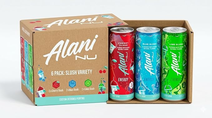 New Alani Energy Drinks Lime Slush Cherry Slush Blue Slush Variety Pack Sugar-Free Low-Calorie Energy Boost Drink 12 fl oz (Pack of 6)