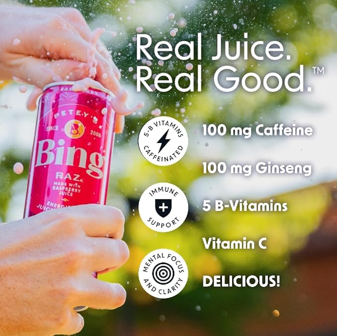 BING RAZ Energizing Juice Beverage – Raspberry (12oz/24pk) – Made with REAL Juice! Only 1g added Sugar Low Calorie 5 B-Vitamins &amp Ginseng 100mg Caffeine Vegan Gluten + Dairy Free. DELICIOUS