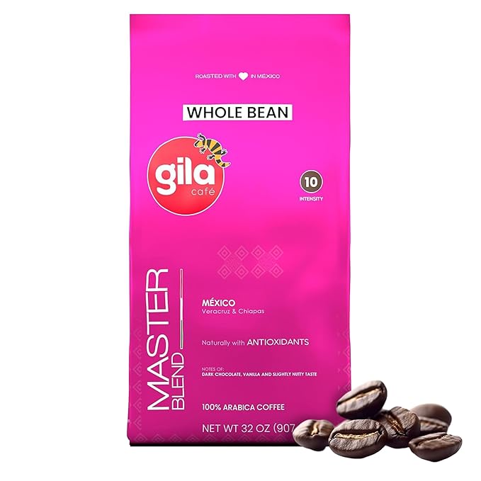 gila café Whole Beans Coffee Medium Roast Master Blend 32oz (1-Pack) - 100% Mexican Arabica Roasted Coffee Beans - Made with Coffeeberry - Chocolate Vanilla Hazelnut Notes