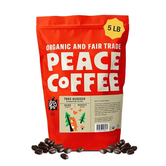 Peace Coffee Tree Hugger Signature Blend Dark Roast Whole Bean Coffee 5 lb Organic Fair Trade Nutty Smooth Flavor Shade Grown Fresh Roasted