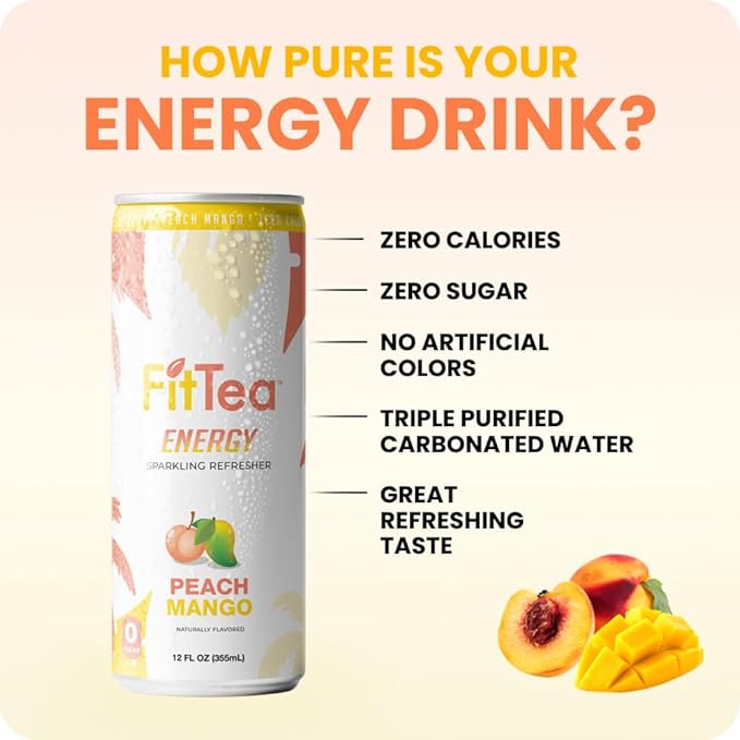 FitTea Healthy Energy Drink 12 Fl Oz - Peach Mango Pre Workout Sparkling Refresher (12 Pack) Natural Green Tea Energy Drinks Sugar Free