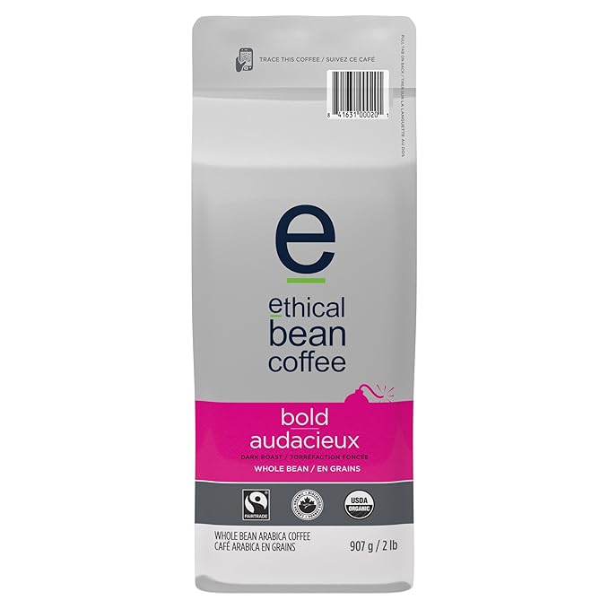 Ethical Bean Fair Trade Organic Coffee Bold Dark Roast Whole Bean Coffee - 2lb (908g) Bag