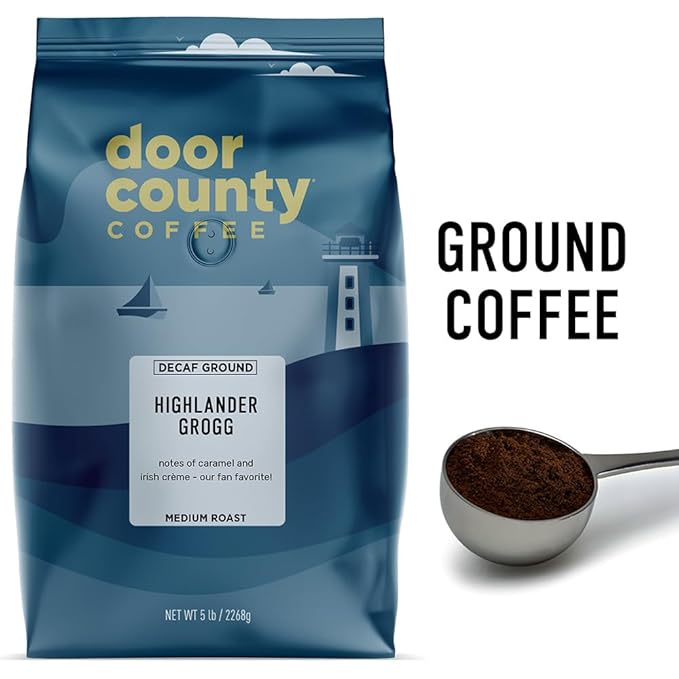 Door County Coffee Highlander Grogg DECAF Flavored Coffee Ground - 5 lb Bag - Flavored Ground Medium Roast - 100% Specialty Arabica - Gourmet - Irish Crème &amp Caramel
