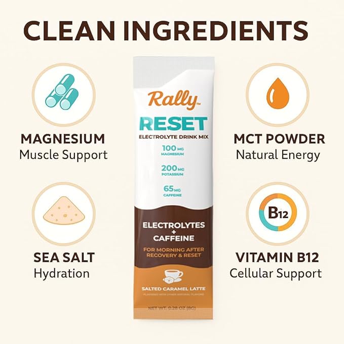 Rally Reset Instant Coffee Packets – Salted Caramel Latte Mix with MCT Oil Caffeine Vitamin B12 &amp Vitamin C – Functional Single-Serve Coffee Sticks Low Sugar | 24 Sticks