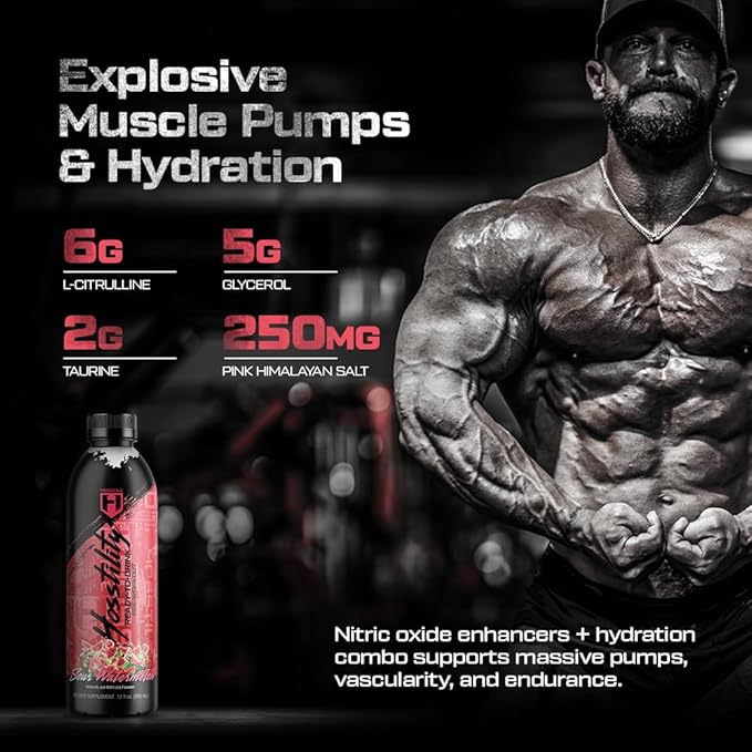 HOSSTILE Hosstility RTD Pre-Workout – Ready to Drink Pre Workout for Energy Focus Pump &amp Hydration All-in-One Formula for Performance Sour Watermelon 12 Servings