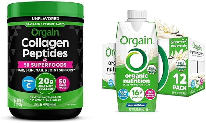 Bundle of Orgain Hydrolyzed Collagen Powder + 50 Organic Superfoods 20g Grass Fed Collagen Unflavored 1lb + Orgain Organic Nutritional Shake 16g of Protein Vanilla Bean 11 Fl Oz Pack of 12
