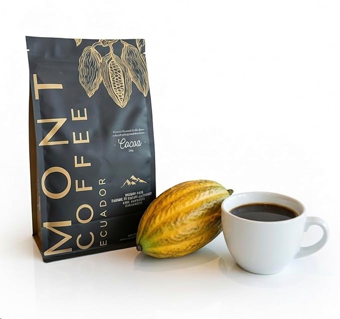 Mont Coffee Ecuador - Loja Highlands Specialty Coffee infused with Premium Ecuadorian Cocoa Nibs - 12 oz - Ground Specialty Coffee - Ground Cocoa Nibs.
