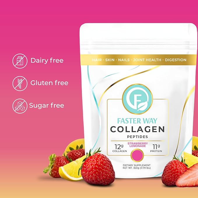 Faster Way - Collagen Peptides - 12g Hydrolyzed Collagen + 11g Protein Per Serving - Hair Skin &amp Nails - Amino Acids- Sugar Gluten &amp Dairy Free - Non-GMO - Strawberry Lemonade - 30 Servings