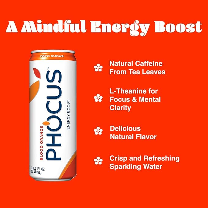 PHOCUS Caffeinated Sparkling Water Blood Orange 75mg Natural Caffeine Plus L-Theanine Zero Sugar Zero Calories No Artificial Sweeteners 11.5 fl oz Cans (Pack of 12)