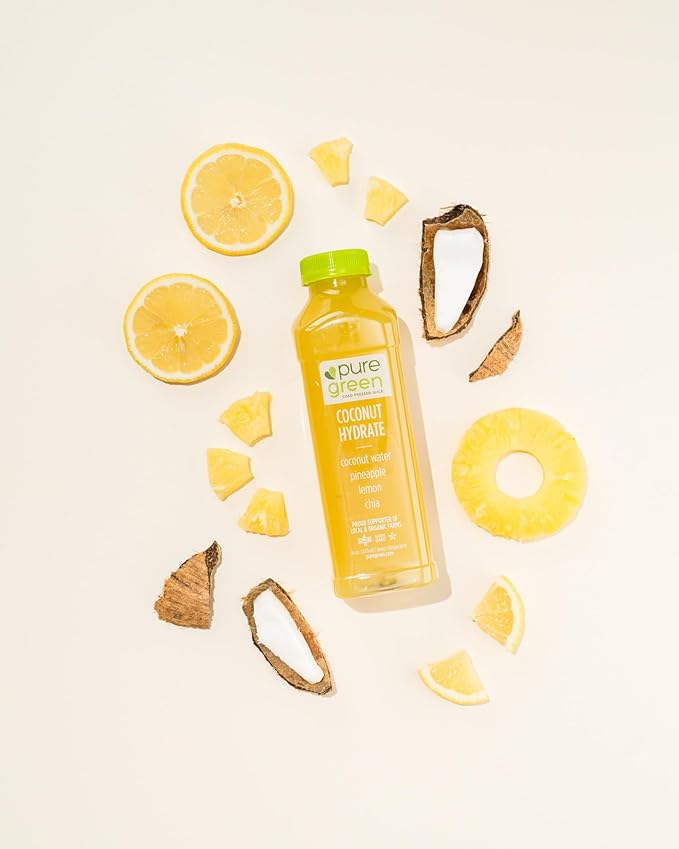 Pure Green Cold Pressed Juice - Coconut Hydrate - Fresh Functional Blend with Coconut Water Pineapple Lemon Chia Seeds - Natural Gluten Free Non-GMO No Artificial Colors or Flavors - Made from R