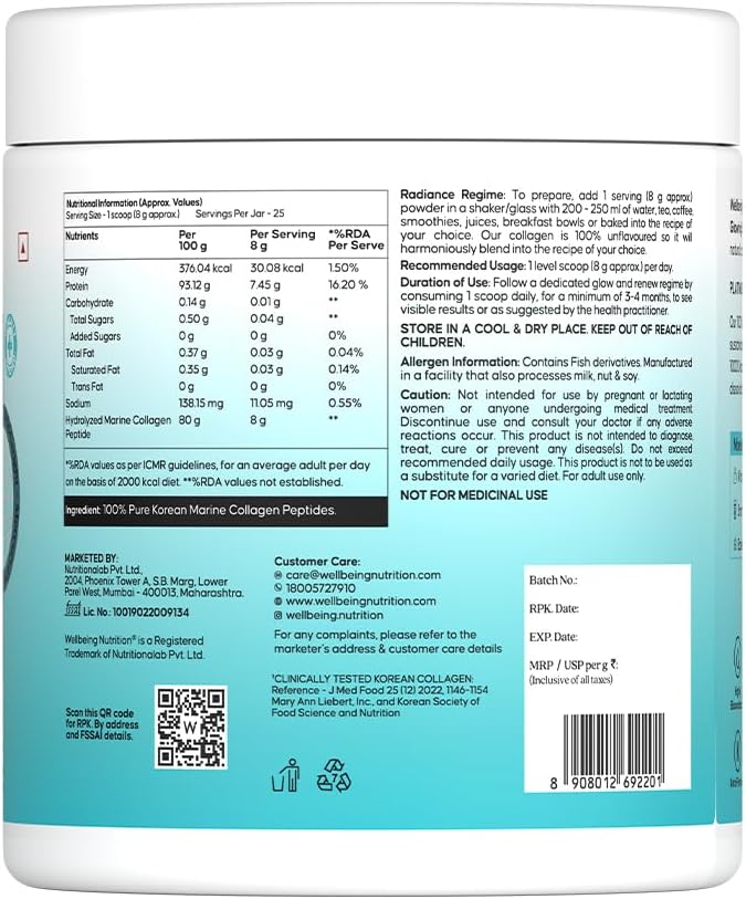 WELLBEING NUTRITION Pure Korean Marine Collagen Supplements for Women &amp Men 200g | Hydrolyzed Collagen Powder and Amino Acids | Supports Healthy Skin Hair Nails Bone &amp Joint | Unflavored