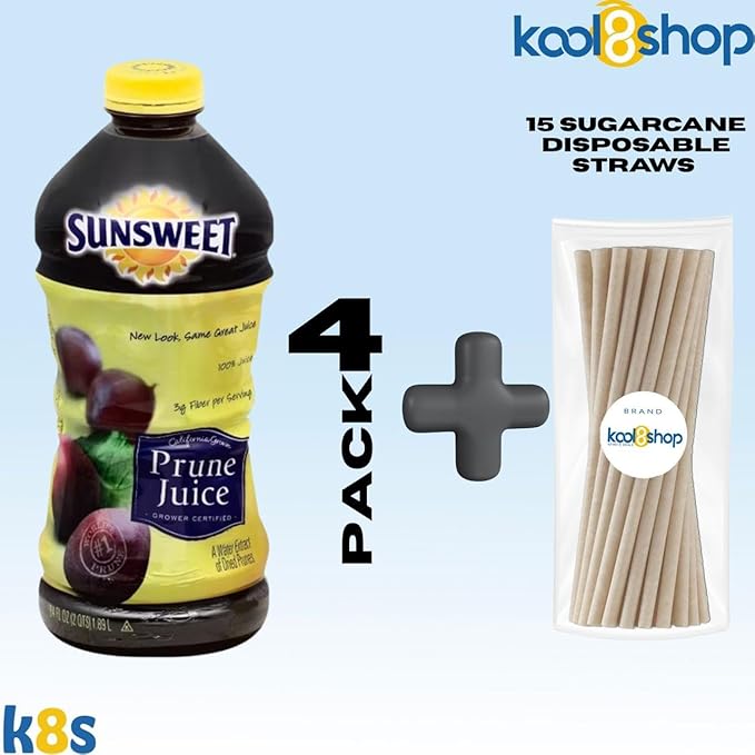 Sunsweet Amazin Prune Original Juice Drink 64 fl oz Plastic Bottles 4 Pack + 15 Sugarcane Disposable Straws by KOOL8SHOP Infinite Deals