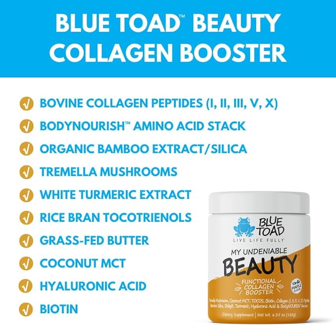 Blue Toad Botanicals Vegan &amp Bovine Collagen Booster/Creamer 6.35 oz Powder - Madagascar Vanilla - Supporting Healthy Hair Skin Nails with Energy-Boosting Coconut MCT's | 30 Servings!