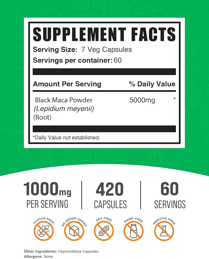 BulkSupplements.com Black Maca Root Capsules - Black Maca Supplement Black Maca Root 5000mg Black Maca Capsules - Gluten Free 7 Capsules per Serving 420 Veg Capsules (Pack of 1)