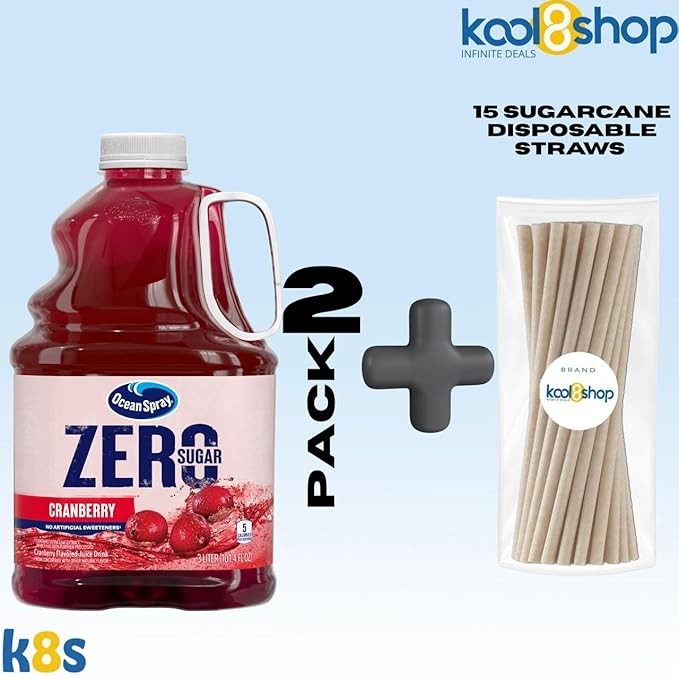 Ocean Spray Zero Sugar Cranberry Juice Drink 101.4 fl oz Plastic Bottles 2 Pack + 15 Sugarcane Disposable Straws by KOOL8SHOP Infinite Deals