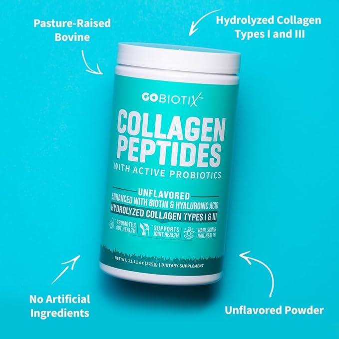 GOBIOTIX Collagen Powder Supplement with Probiotics - Hydrolyzed Protein Collagen Powder for Women - Hair Skin and Nails Joint and Digestive Health - Collagen Peptides Type I and III - 30 Servings