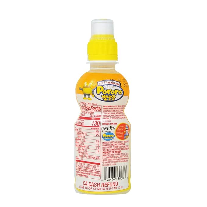 Paldo Fun &amp Yum Pororo Kids Tropical Fruit Flavor Drink Pack of 8 Fruit Juice Drinks with Comfortable Push-Pull Sports Cap Perfect Drink for Children 7.95 fl oz. x 8