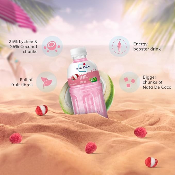 Mogu Mogu Lychee &amp Orange Juice Drink with Nata de Coco Jelly 320ml (Pack of 6)| Refreshing Tropical Thai-Made Sip &amp Chew Beverage