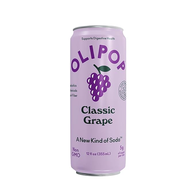 OLIPOP Prebiotic Soda Pop Classic Grape Pantry Pack Packed with Prebiotics Fiber and Botanicals Gluten Free GMO Free 12oz Skinny (12-Cans)