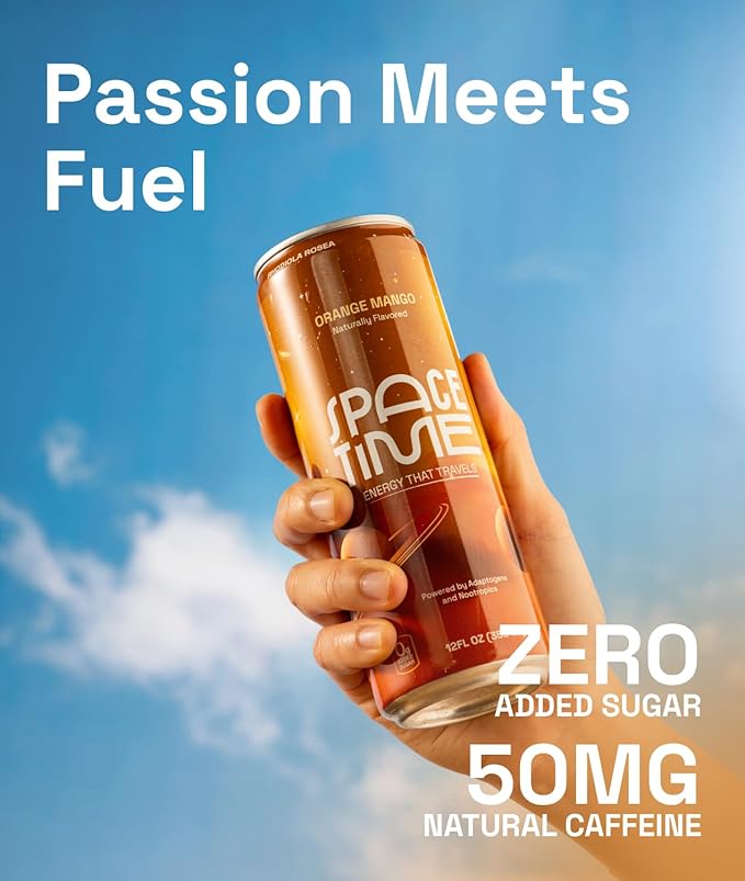 SpaceTime Productivity &amp Focus Energy Drink – Real Juice Infused Nootropic Drink with 50mg Organic Caffeine L-Theanine Rhodiola &amp B Vitamins – Clean Low-Caffeine Brain Boost – Orange Mango