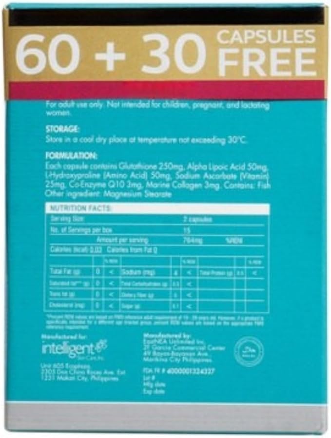 Belo Nutraceuticals Glutathione Collagen Advanced Skin Support Beauty Capsule Supplement - 60 Capsules + 30 Free