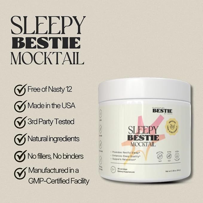 Sleepy Bestie Mocktail for Women &amp Men - Magnesium Citrate &amp Glycinate Powder for Sleep Calm Support Supplement with L-Theanine &amp Tart Cherry Extract Gluten Free - 2.96 oz