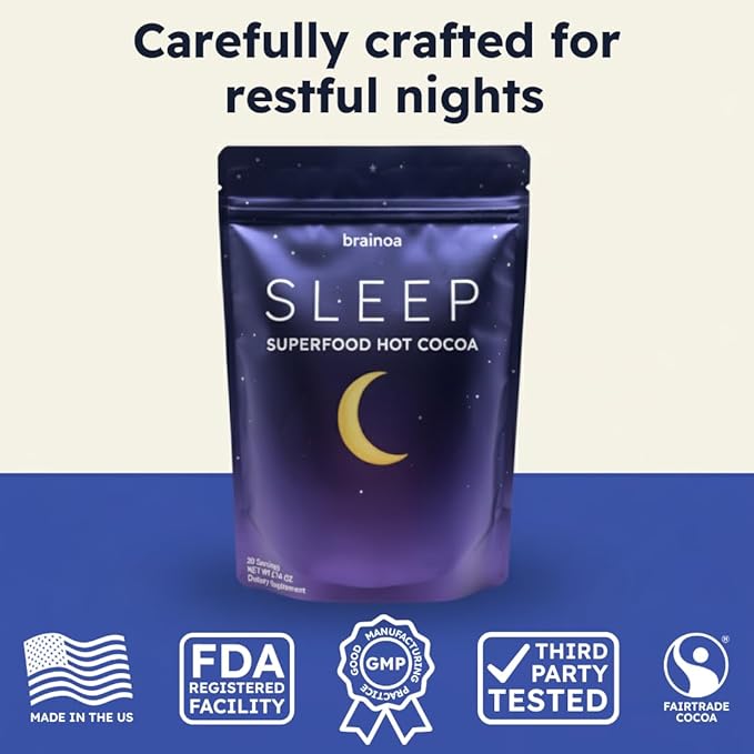 Brainoa Sleep Cocoa for Chocolate Lovers – With Magnesium Glycinate Ashwagandha Reishi Mushroom &amp L-Theanine – Bedtime Sleep Aid Drink for Adults – No Melatonin Added Sugar or Artificial Flavo