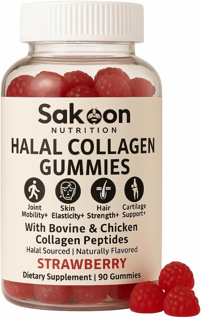 Sakoon nutrition Halal Certified Collagen Peptides Gummies | (Type I II &amp III) Collagen Gummies for Women &amp Men | 90 Naturally Flavoured Strawberry Gummy to Support Hair Skin Joints &amp N