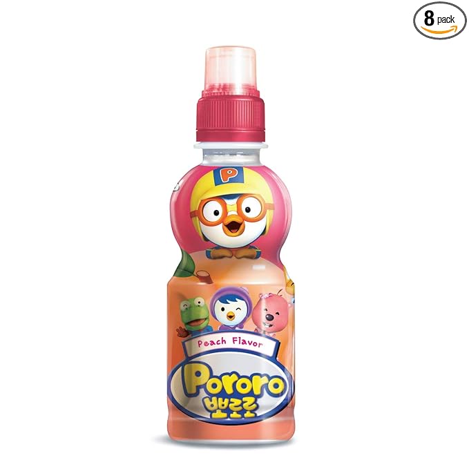 Paldo Fun &amp Yum Pororo Kids Peach Flavor Drink Pack of 8 Fruit Juice Drinks with Comfortable Push-Pull Sports Cap Perfect Drink for Children 7.95 fl oz. x 8