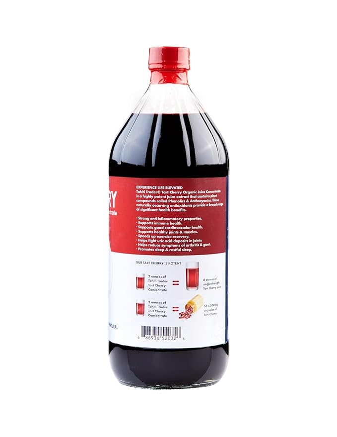 TAHITI TRADER Tart Cherry Organic Juice Concentrate - Ready to Drink Organic Superfood Promoting Immune Support &amp Overall Health - Pure Unsweetened Fruit Juice - (32 oz 1 Pack)