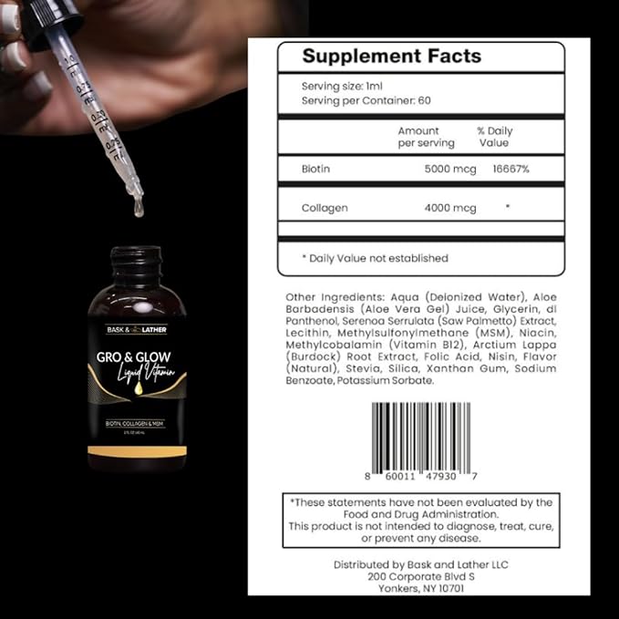 BASK &amp LATHER GRO &amp Glow Liquid Vitamin Liquid Collagen for Women Natural Ingredients with Collagen Biotin Msm Beauty Supplement Helps Support Healthy Hair Skin &amp Nails Cherry Flav