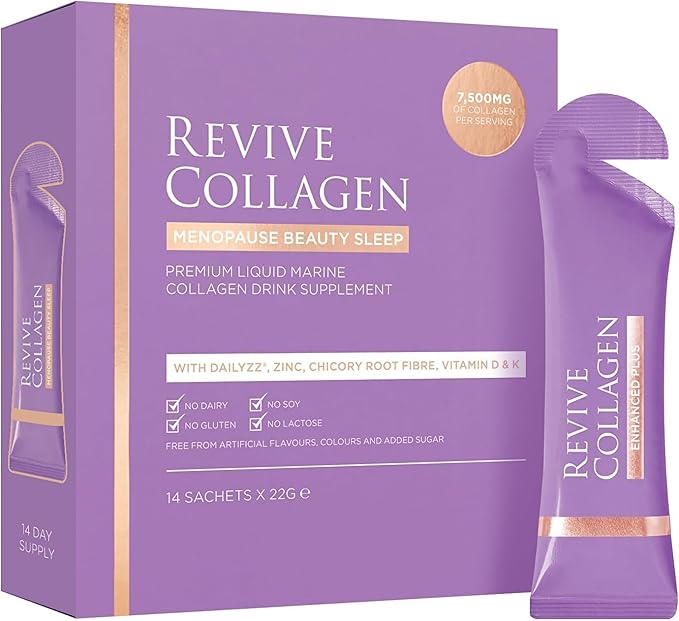 Revive Collagen Menopause Beauty Sleep — Hydrolyzed Marine Collagen Drink for Women 7500MG Zinc Chicory Root Fiber Vitamin D &amp K Supports Sleep Quality Apple &amp Blackcurrant Flavour — 14