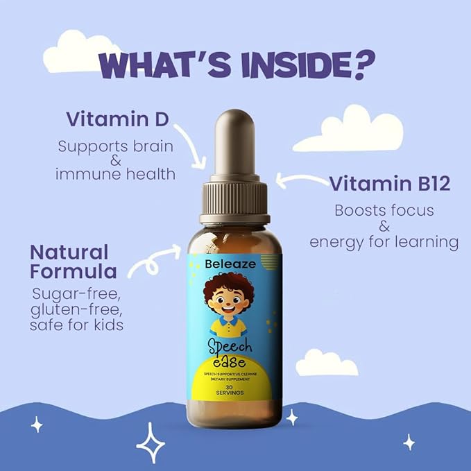 Speech Ease Kids Supplement – Natural Speech Support Drops with Vitamin B12 Folate &amp Vitamin D | Heavy Metal Cleanse for Brain Health Communication &amp Confidence | Gluten-Free Non-GMO Made