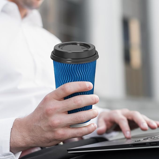 SIUQ 16 oz Coffee Cups-90 Pack Disposable Coffee Cups with Lids and Straws Insulated Ripple Wall To Go Paper Coffee Cup for Coffee Hot Chocolate and Hot Tea Drinks - Navy