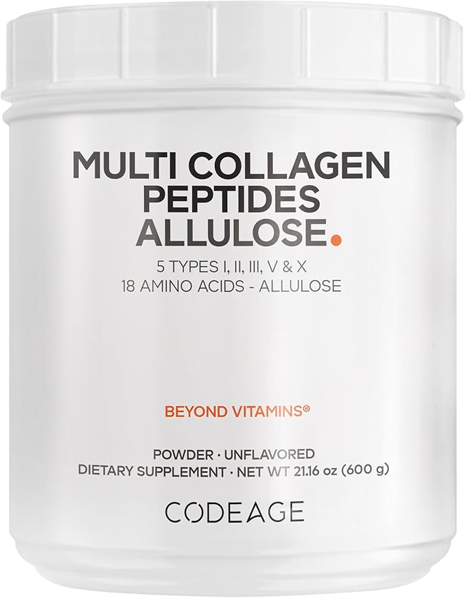 Codeage Multi Collagen Peptides Powder + Allulose - 5 Types - Grass-Fed Collagen - Rare Sugar Allulose Supplement - 0 Calorie Sweetener &amp 0 Carbs - 18 Amino Acids - Unflavored - Non-GMO - 30 Servi