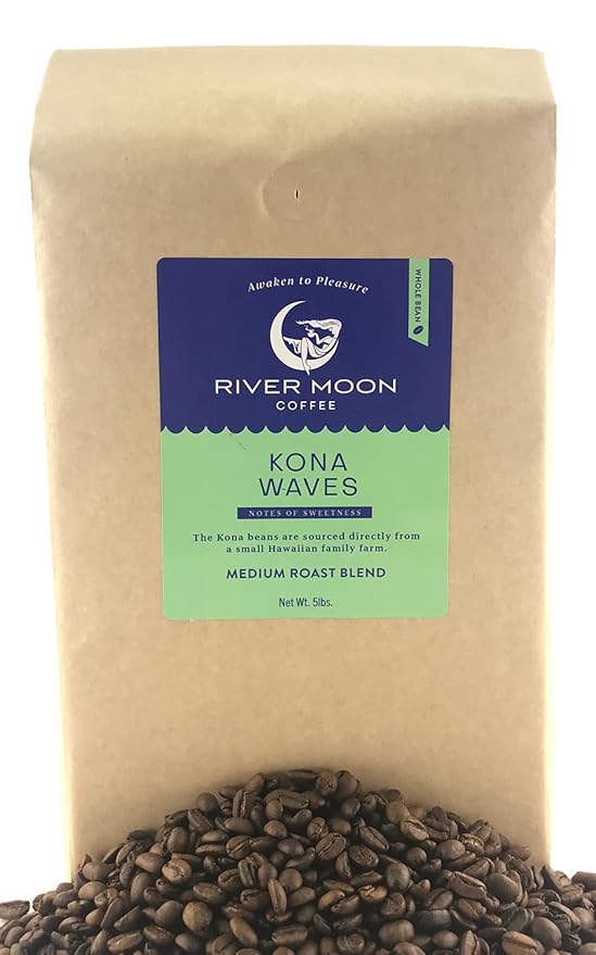River Moon Coffee Kona Coffee Whole Bean Medium Roast 5 lbs Kona Waves Hawaiian Blend Sustainably Farmed 100% Arabica