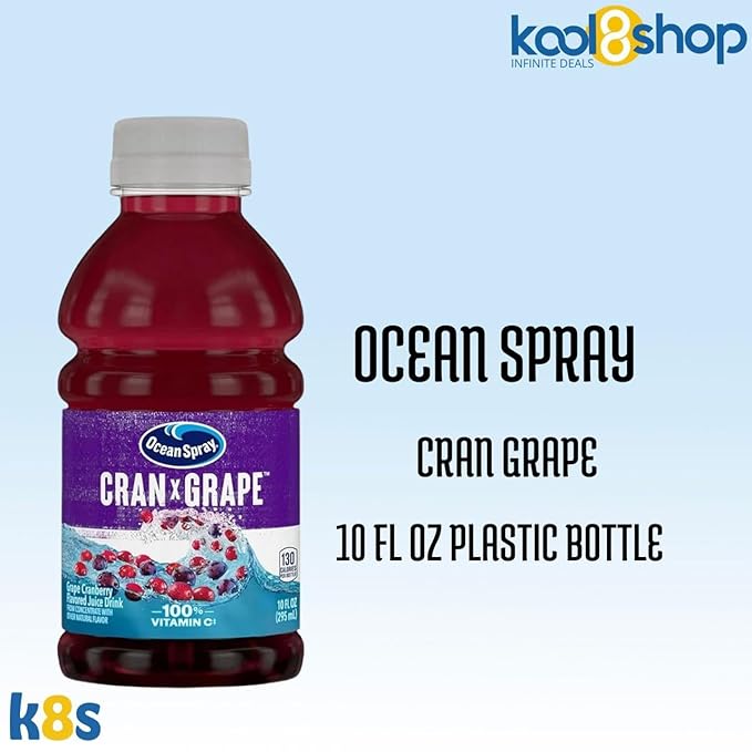 Ocean Spray Cran Grape Fruit Juice Drink 10 fl oz Plastic Bottles 24 Pack + 2 Reusable Snack Bags by KOOL8SHOP Infinite Deals