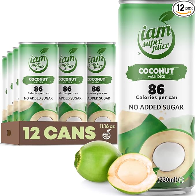 I am Superjuice 100% Coconut Water (With Bits) - Natural Fruit Juice Drink - No Added Sugar or Sweetener - Low in calories (86 per can) - No Preservatives - No concentrate - Naturally Sweet - 12 Pack