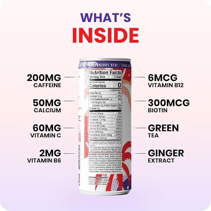 FitTea Healthy Energy Drink 12 Fl Oz - Strawberry Açai Sparkling Refresher (12 Pack) Natural Green Tea Energy Drinks Sugar Free
