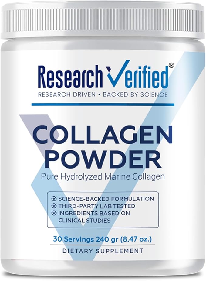 Research Verified® Collagen Powder - Hydrolyzed Marine Collagen Peptides - Unflavored - Skin Hydration and Elasticity Muscle Recovery Non GMO - 30 Scoops Per Container - 1 Month Supply
