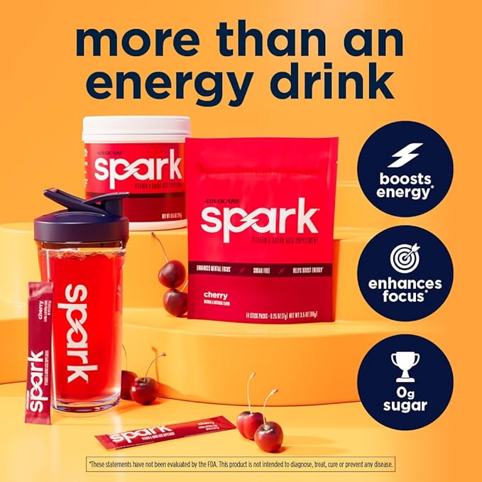 AdvoCare Spark - Energy Drink Mix - Vitamin &amp Amino Acid Supplement - Supports Energy &amp Focus* - Portable Immune Support* - Sugar-Free - Cherry 14 Stick Packs (3.5 oz)