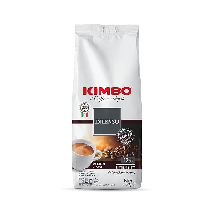 Kimbo Intenso Whole Bean Coffee | Medium Roast with Cocoa Notes | 12/13 Intensity | Balanced &amp Creamy | Blended &amp Roasted in Italy | 17.6 oz (500g) bag